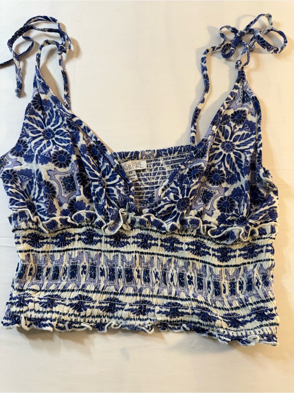 Patrons of Peace Blue and White Floral Smocked Cropped Cami